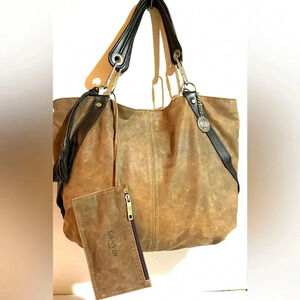 LANVIN brown distress leather suede satchel handbag